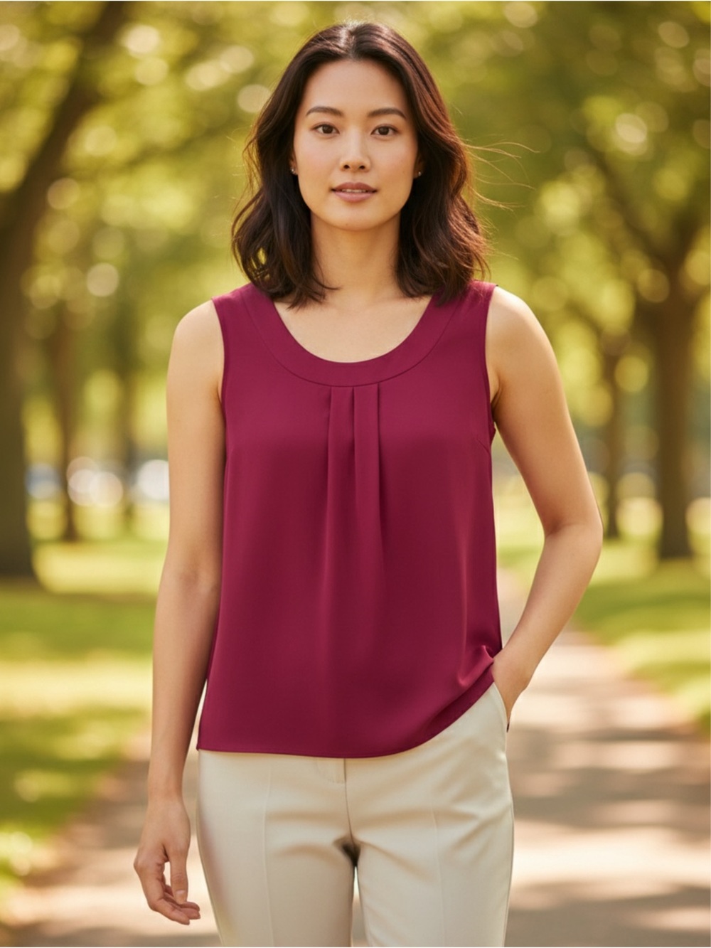 Pleated Scoop-Neck Sleeveless Camisole - Berry